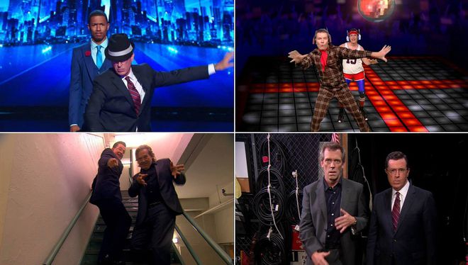 Ник Канън, Брайън Кранстън, Хю Лори и Джеф Бриджис в The Colbert Report