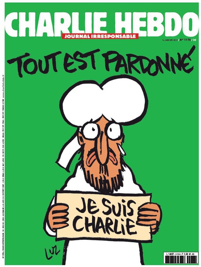 Първа страница на броя на "Шарли Ебдо" седмица след атентата