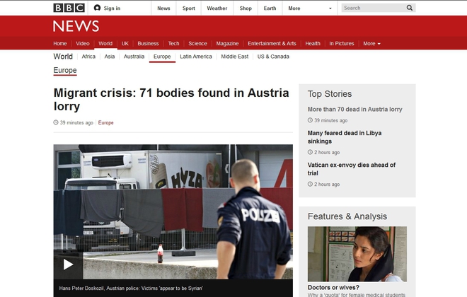 Новината за трагедията с мигрантите в BBCNews.com
