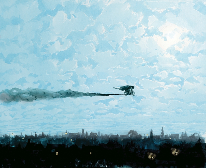 Хагрид на летящия си мотор, нарисуван от Джим Кей