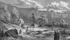 Изглед към Демир баба теке през XIX в., гравюра от Феликс Каниц