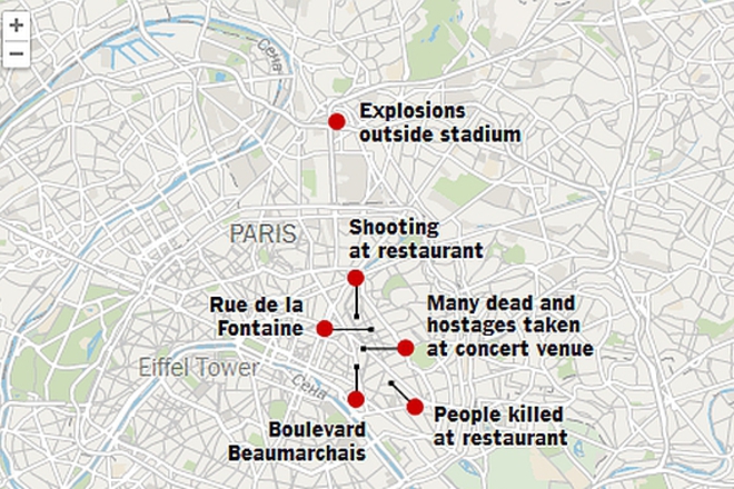 Karta na napadeniyata v parizh na 13 noemvri 2015 g