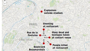 Карта на нападенията в Париж на 13 ноември 2015 г.