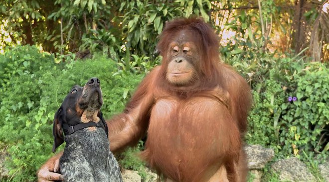 Куче и орангутан от рекламата на "Андроид" Friends Furever