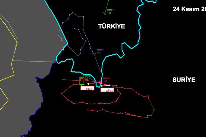 Karta na poleta na ruskiya iztrebitel su 24 svalen ot turskite vvs