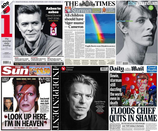 Първите страници на британската преса след смъртта на Дейвид Боуи
