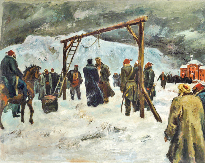 Картината "Обесването на Васил Левски" от Борис Ангелушев