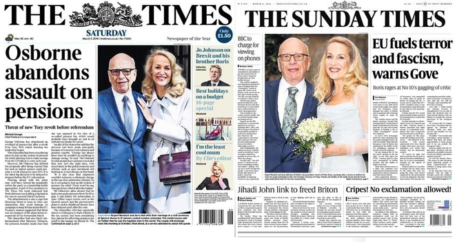 Сватбата на Мърдок и Джери на първа страница в "Таймс"
