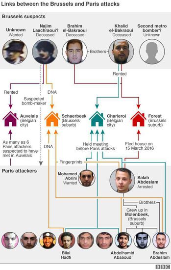 Връзките между терористите в Париж и Брюксел - инфографика