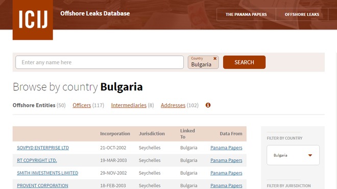 Търсачката на ICIJ за "Панамските досиета" 