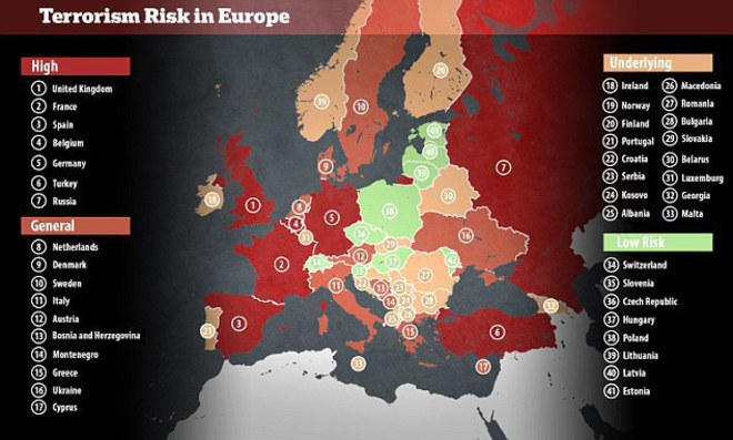 Karta na opasnostta ot teroristichni aktove v evropa