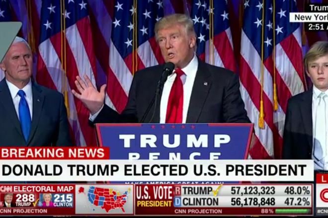 Donald tramp proiznasya pobednata si rech sled izborite