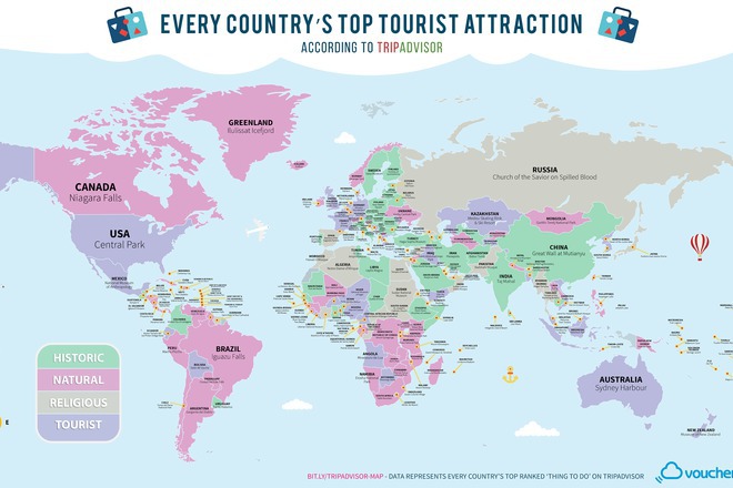 Karta na top zabelezhitelnostite za vsyaka darzhava po sveta