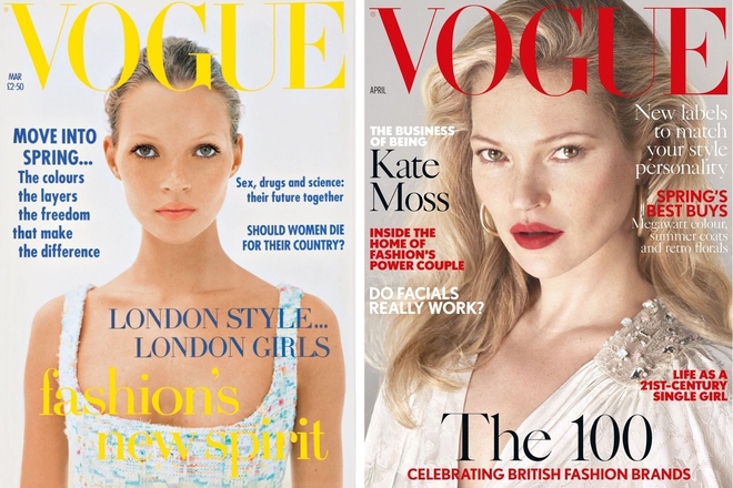 Кейт Мос в британския "Вог" - преди и сега