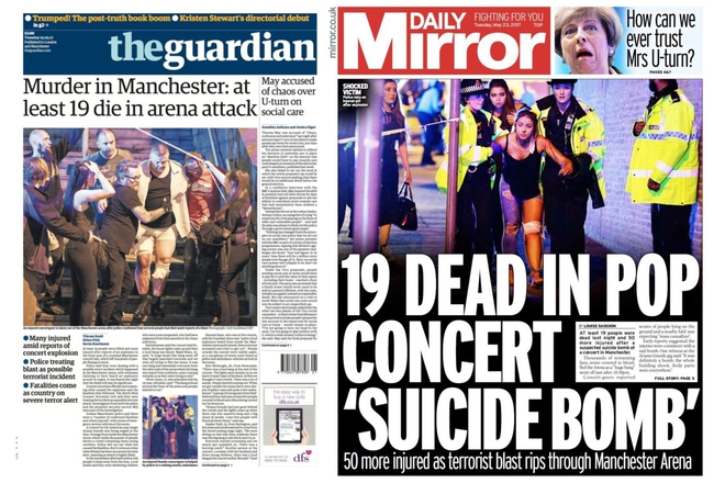 Терористичният акт в Манчестър по първите страници на британската преса, 23 май 2017 г.