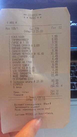 Касова бележка от заведение с такса за свободни столове