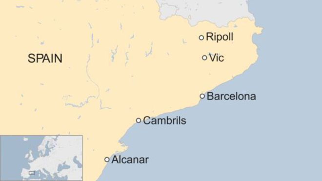 Алканар, Камбрилс и Барселона върху картата на Испания