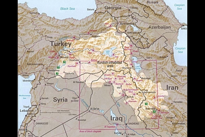 Териториите, населявани от кюрди, през 1992 г.