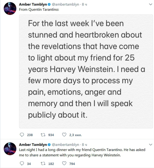Изявлението на Тарантино, споделено от Амбър Тамблин в "Туитър"