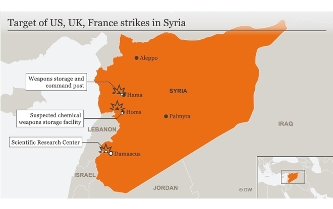 Карта на въздушните удари в Сирия, 14 април 2018 г.