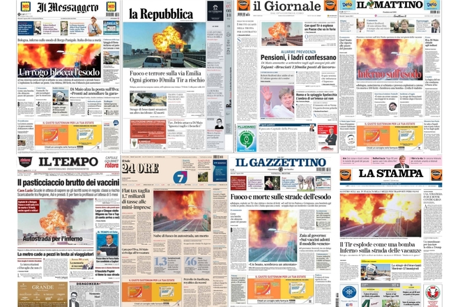 Огненият ад край Болоня в италианската преса, 7 август 2018 г.
