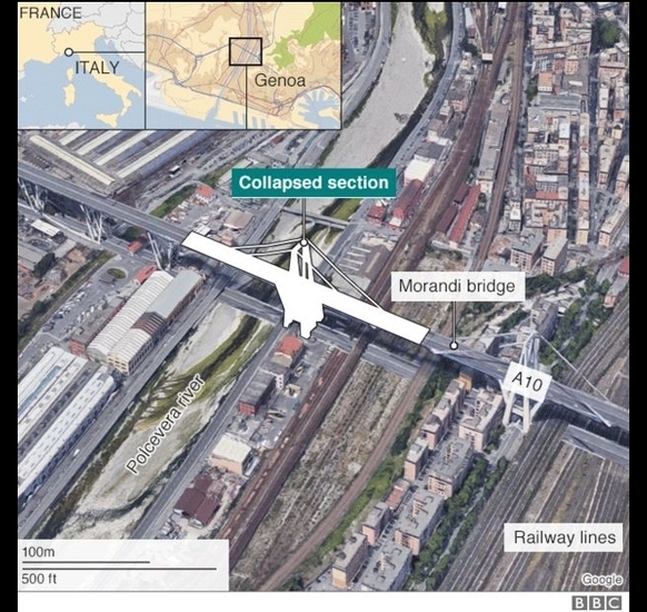Районът на моста "Моранди" в Генуа и рухналата отсечка