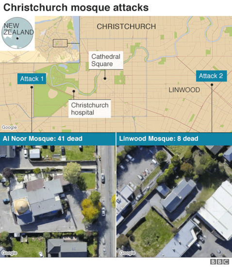 Карта на нападенията в Крайстчърч, Нова Зеландия