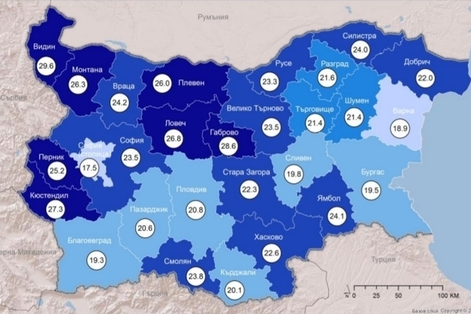 Dyal na naselenieto nad 65 godini v razlichnite oblasti na stranata