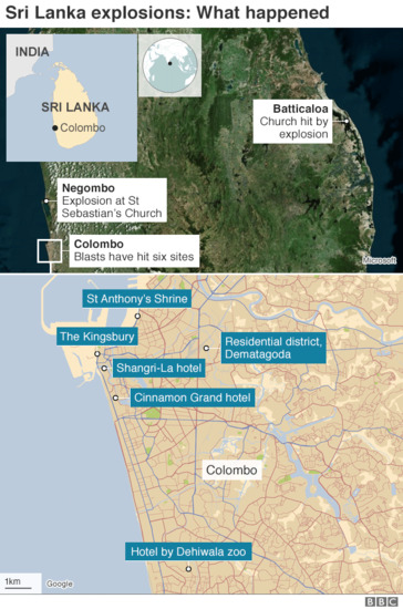 Карта на атентатите в Шри Ланка, 21 април 2019 г.