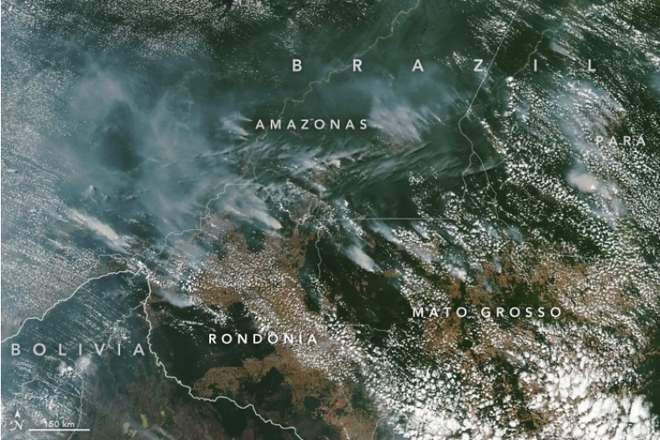 Горските пожари в Амазония на сателитна снимка от 13 август 2019 г.