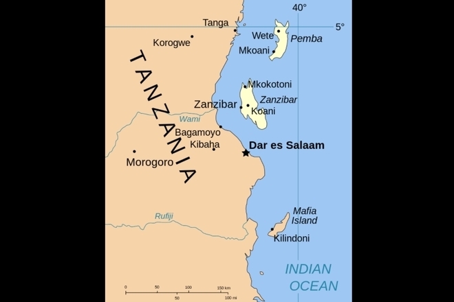 Занзибар на картата на Танзания