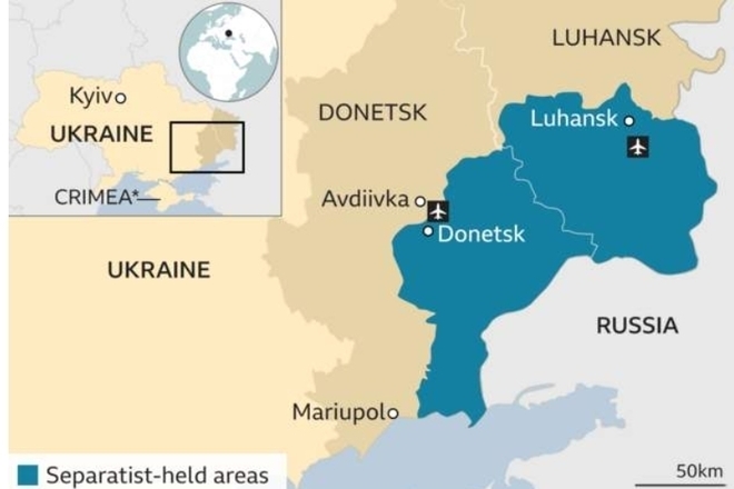 Сепаратистките региони Донецк и Луганск на картата на Украйна