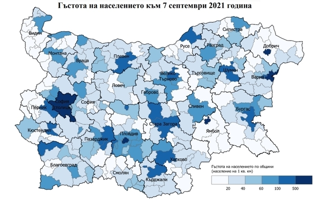 Преброяване 2021: Гъстота на населението по общини