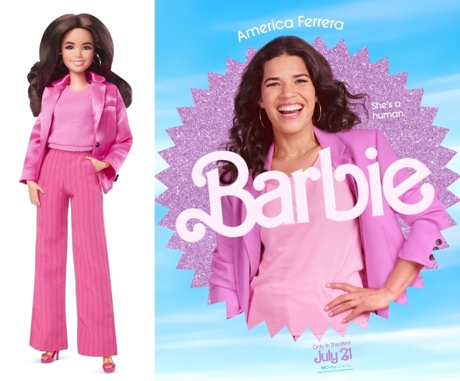 Америка Ферера на плакат за "Барби" (2023) и нейната кукла