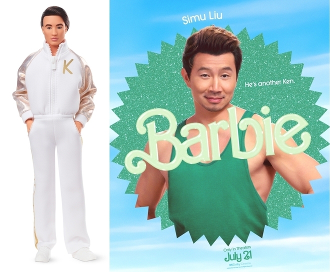 Симу Лиу като Кен по потник и неговата кукла от "Барби" (2023)